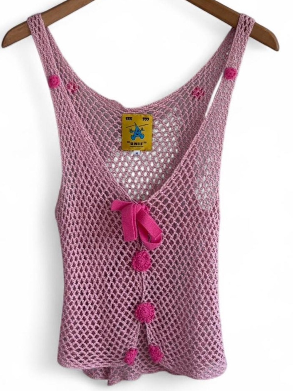 UNIF Blush Pink Crochet Mesh Tank with Pom-Tie XS